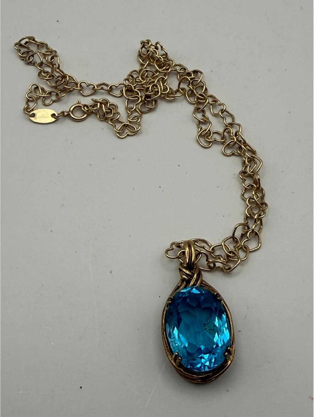 10K Yellow Gold Blue Topaz Pendant Necklace 16" Heart Link 7.7g Appraised